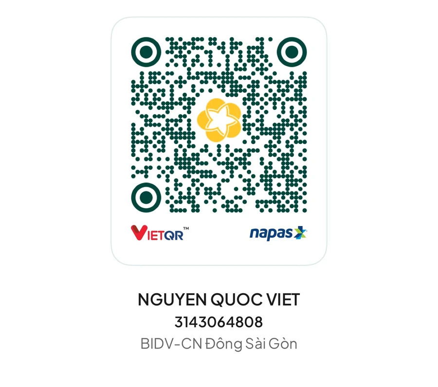 Mã VietQR ủng hộ dự án, tài khoản BIDV 3143064808, chủ tài khoản NGUYEN QUOC VIET